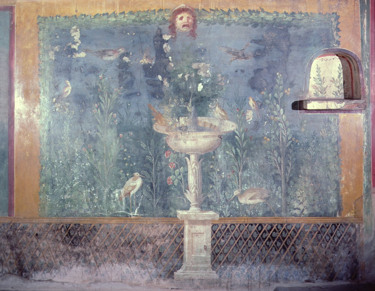 Springvand, maske og fugle, Venus hus i skal, Pompei, Italien (fresco) af Roman