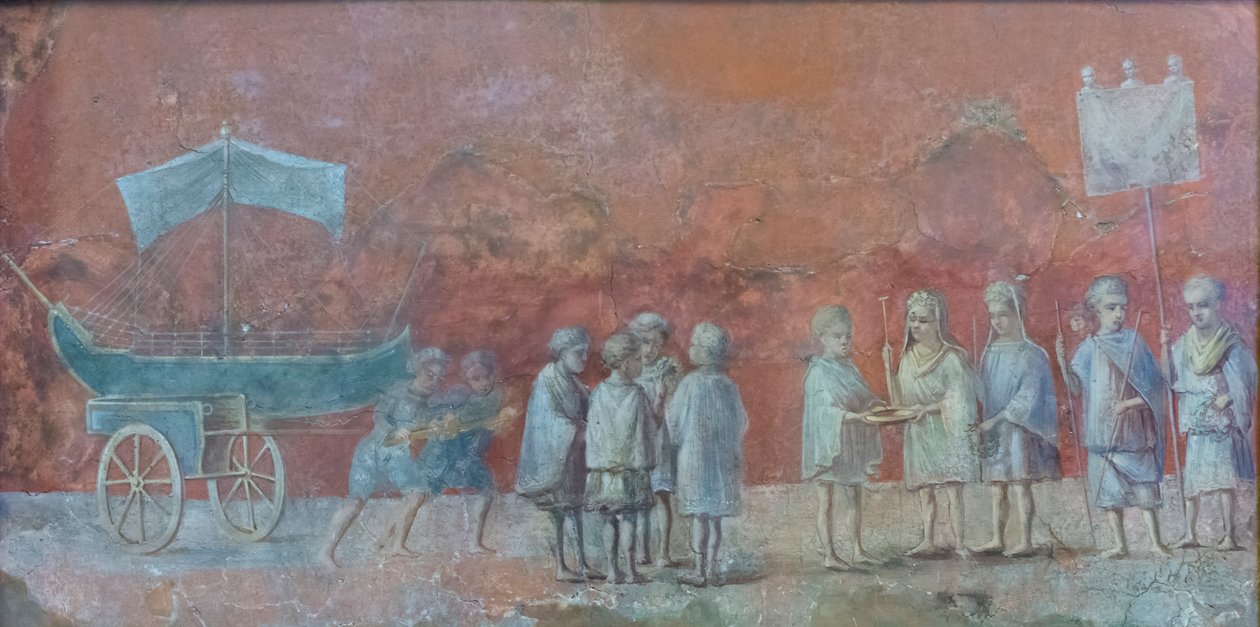 Freskofragment af en kalender, der skildrer sejladsen Isidis, en forsoningsfestival, der afholdes i begyndelsen af en rejse og repræsenterer marts måned, det tredje århundrede e.Kr. (fresko) af Roman