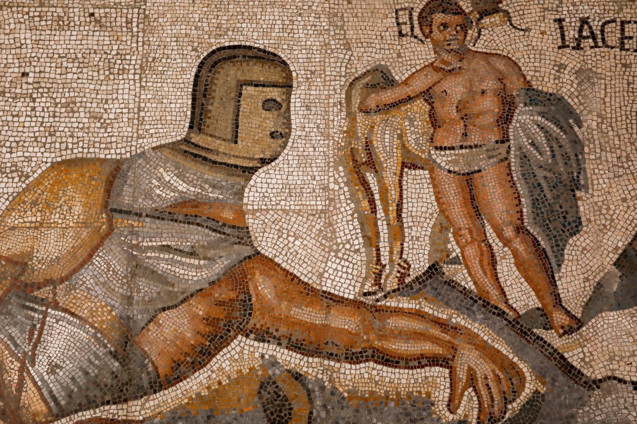 Gladiator kampe. 320-330, mosaik af Roman