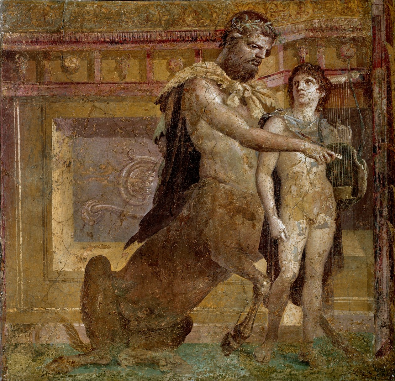 Græsk mytologi: kentauren Chiron og Achilles-barnet. Fresko fra Basilica of Herculanum (Basilica di Ercolano). Romersk kunst Napoli, Museo Archeologico Nazionale - græsk mytologi: kentauren Chiron og Achilles-barnet eller Achilleus