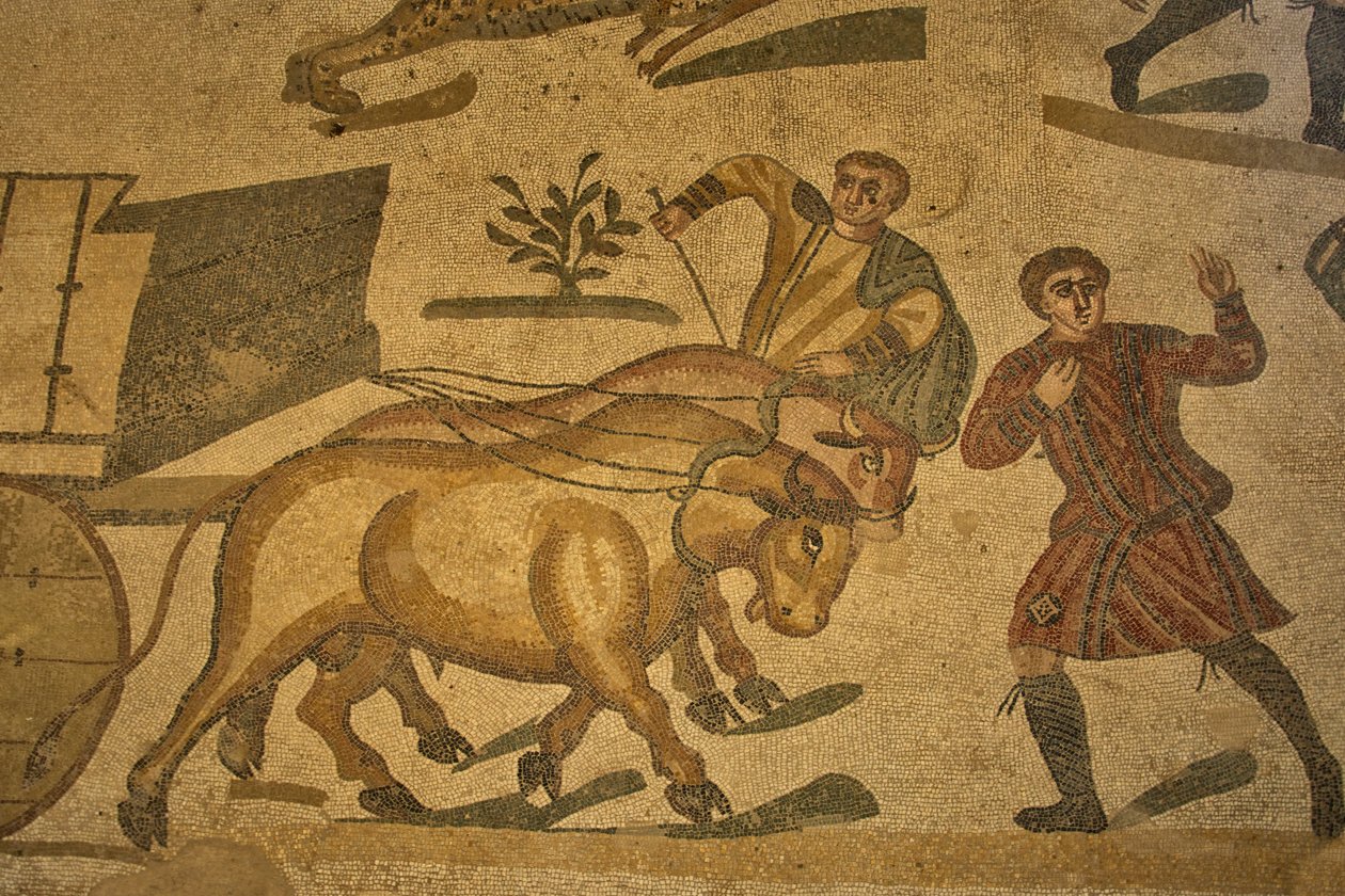 Den store jagts sal, gulvmosaik med jagtscene, Villa Romana del Casale, Piazza Armerina, Sicilien, Italien (foto) af Roman