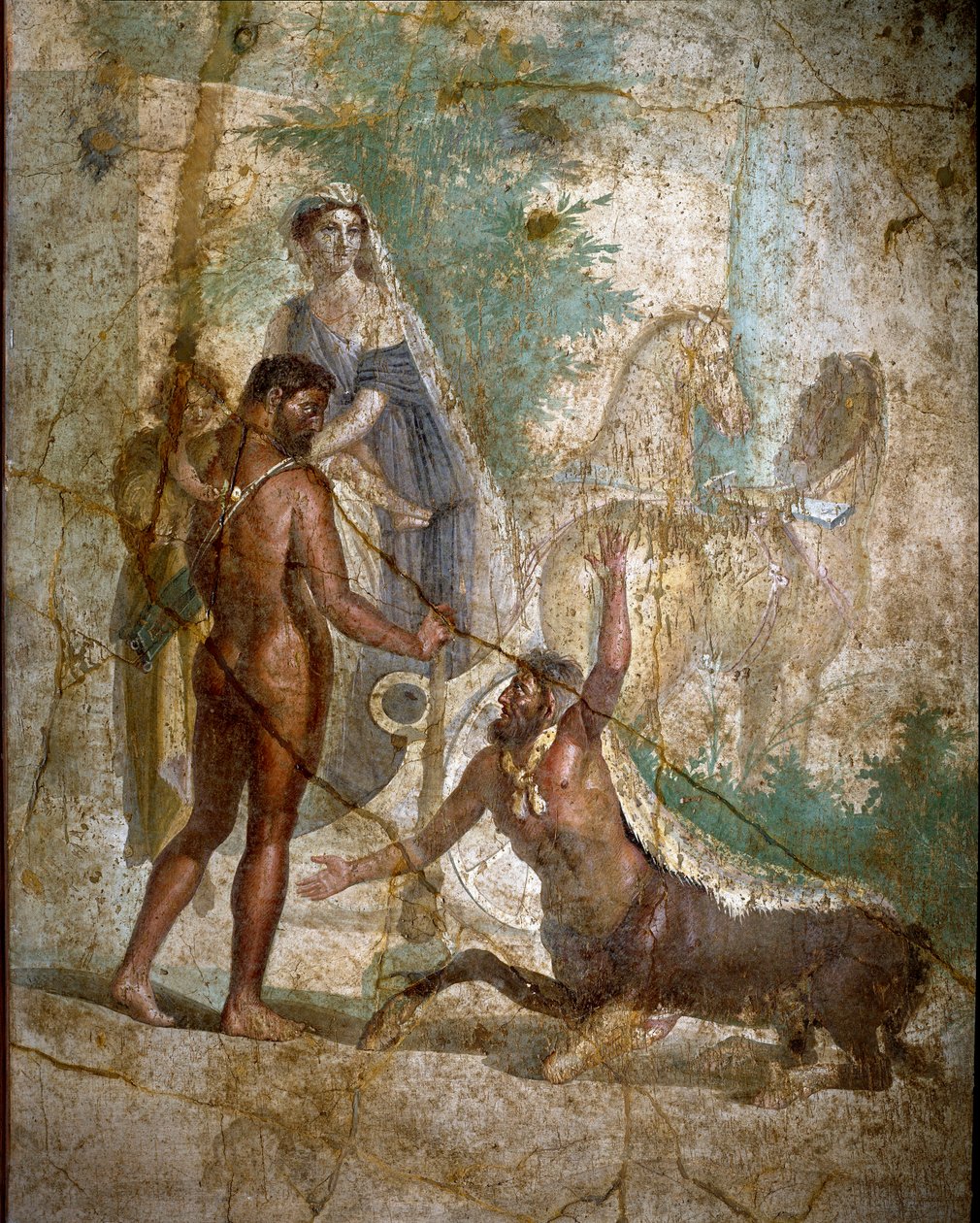 Hercules, Dejanire og kentauren Nessus"" Kentauren Nessos fjerner Dejanire, men Hercules redder hende ved at gennembore hendes pile hærdet fra giften fra Hydraen i Lerne. Romersk freskomaleri efter en græsk original fra det 3. århundrede f.Kr. Begyndelsen  af Roman