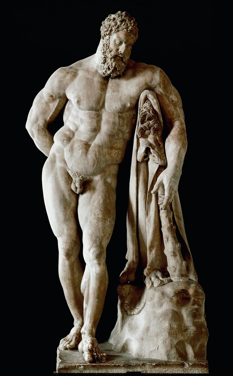 Hercules Farnese Kolossal skulptur af glykonmarmor fra de termiske bade i Caracalla i Rom fra en græsk original af Lysipus af Sicyone, Dim. 3,17 m, 3. århundrede efter JC - Napoli Arkæologiske Museum - Farnese Hercules - Marmorskulptur (H.31) af Roman