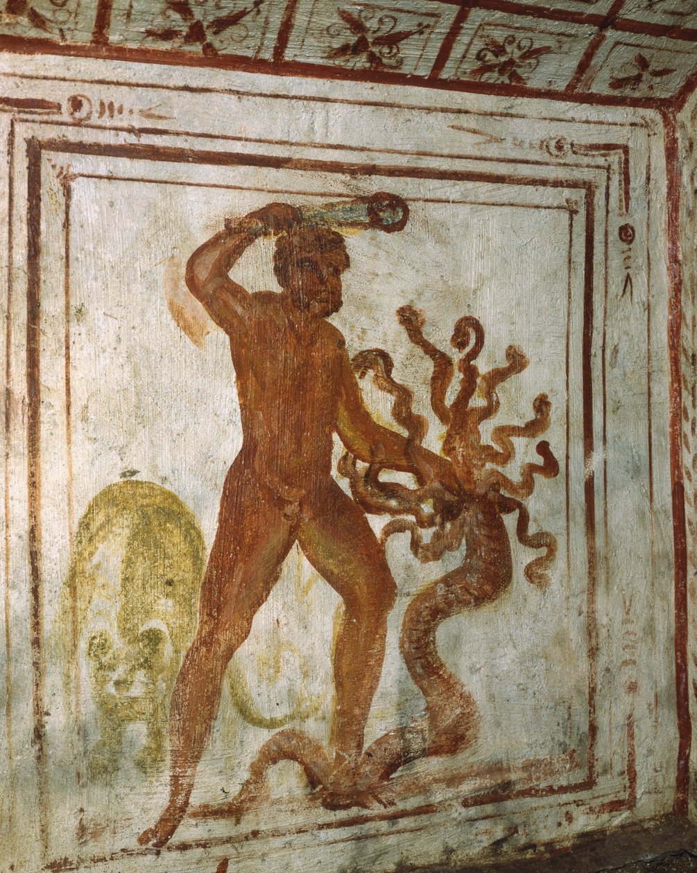 Hercules og Lernaean Hydra, fresco, Via Latina Catacomb, Rom, Italien, 4. århundrede af Roman