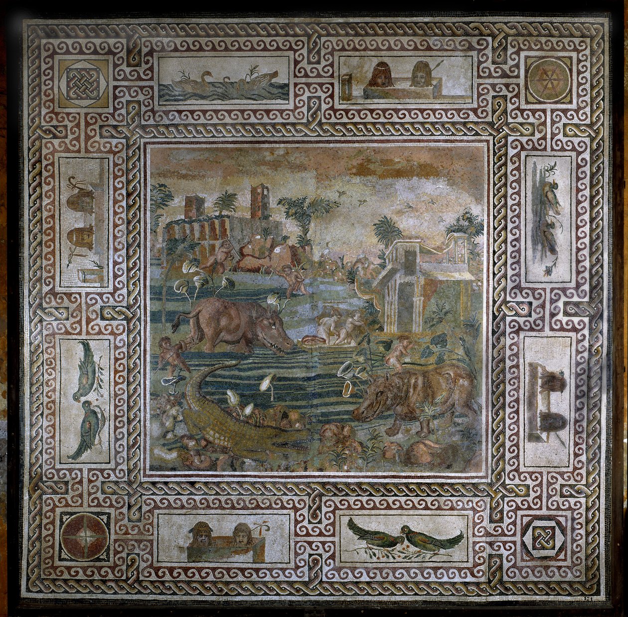 Flodhestejagt på Nilen (mosaik) af Roman