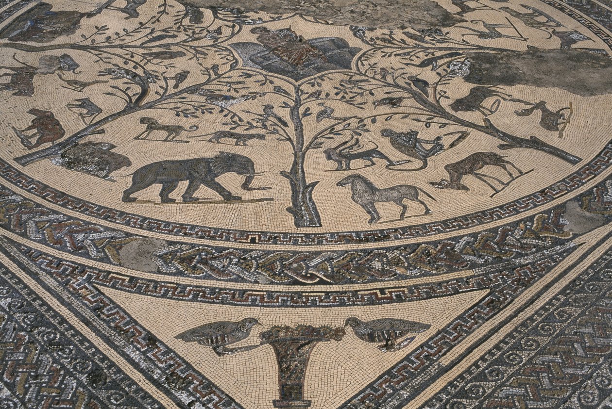 House of Orpheus, Orpheus omgivet af vilde dyr, detaljer (mosaik) af Roman