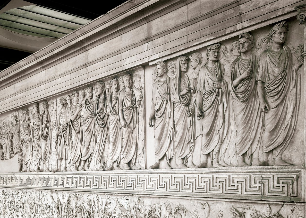 Imperial Cortege of Emperor Augustus - Lavt nordligt marmorrelief af Ara Pacis Augustae, bygget af den romerske kejser Augustae mellem 13 og 9 f.Kr. på Champ de Mars (Marsmarken) i Rom for at mindes freden efter imperiets krige agai af Roman