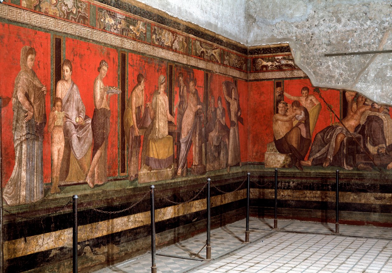 Indledning til tilbedelsen af Dionysos: en ung mand introduceres til tilbedelse, læser ritualet og en lille dreng bringer et offer. 1. århundrede f.Kr. Fresko af Villa des Mysteres (Misteri) i Pompei. Italien - Indvielsesritualer for Dionysos-kulten: et di af Roman