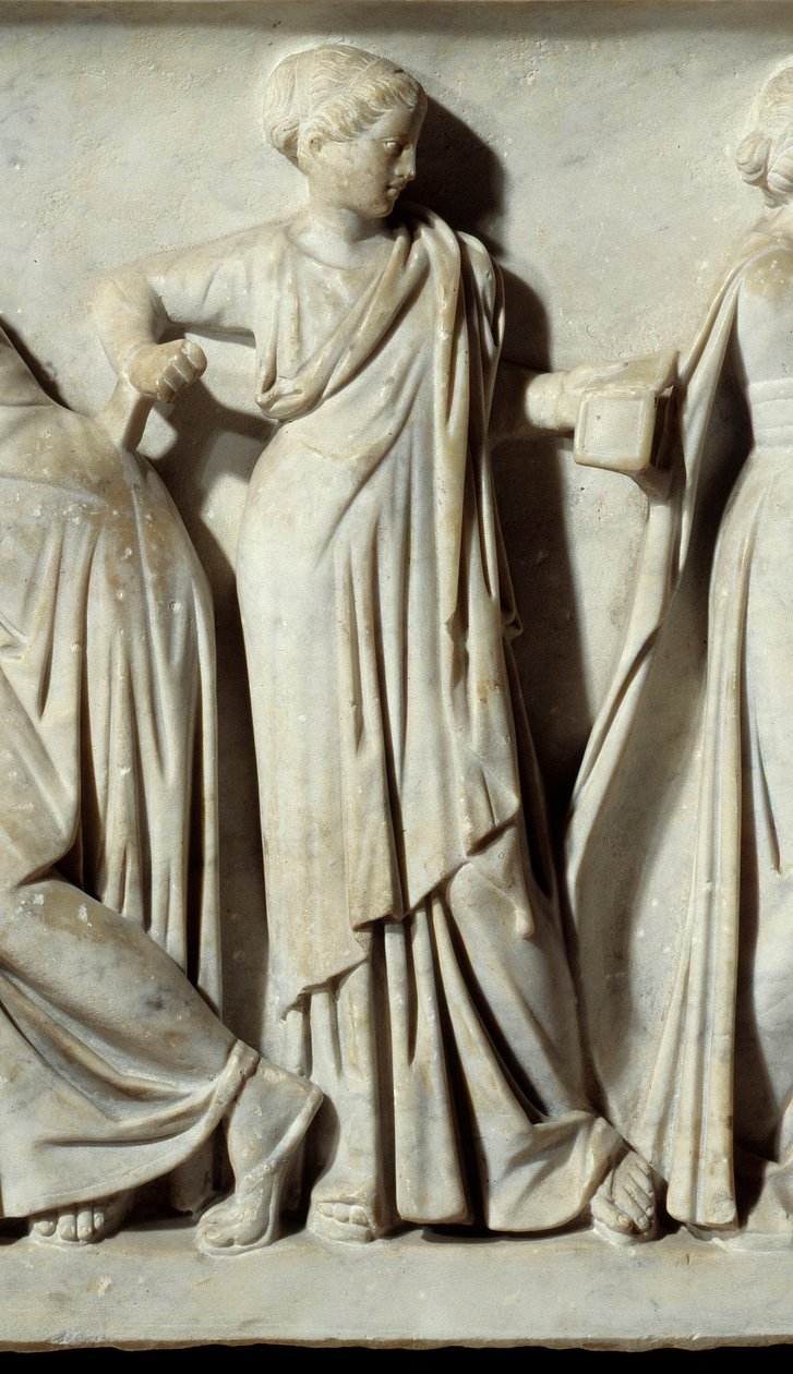 La muse Calliope, detalje af Sarcophagus des Muses: repræsentation af musernes deesses af kunst og bogstaver. Marmor skulptur. 150 e.Kr. Paris, Louvre-museet. af Roman