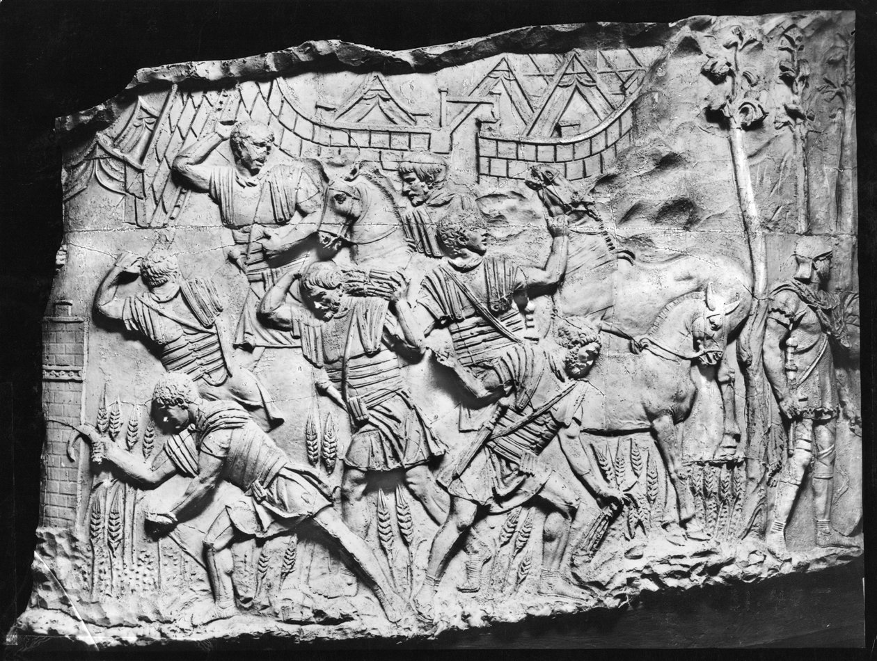 Legionærer plukker byg, en afstøbning taget fra Trajans søjle, AD 110-113 (gips) af Roman