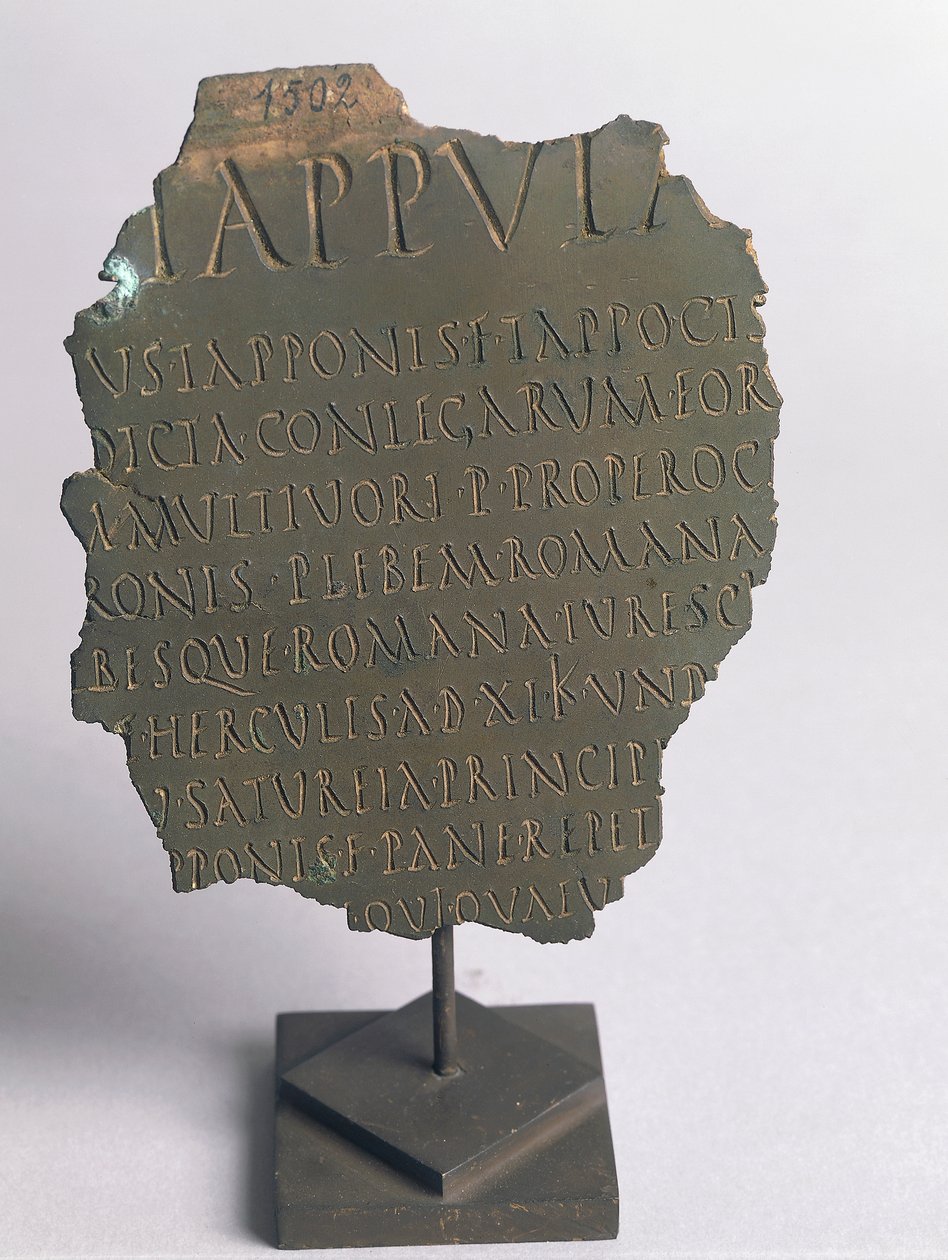 Lex Tappula, fragment af satirisk lov udarbejdet af selskabelig kreds fra Vercelli, parodi skrevet i samme form som romerske folkeafstemningslove, der udgør en del af leges conviviales, som blev overleveret af Festo, bronze, romersk civilisation af Roman