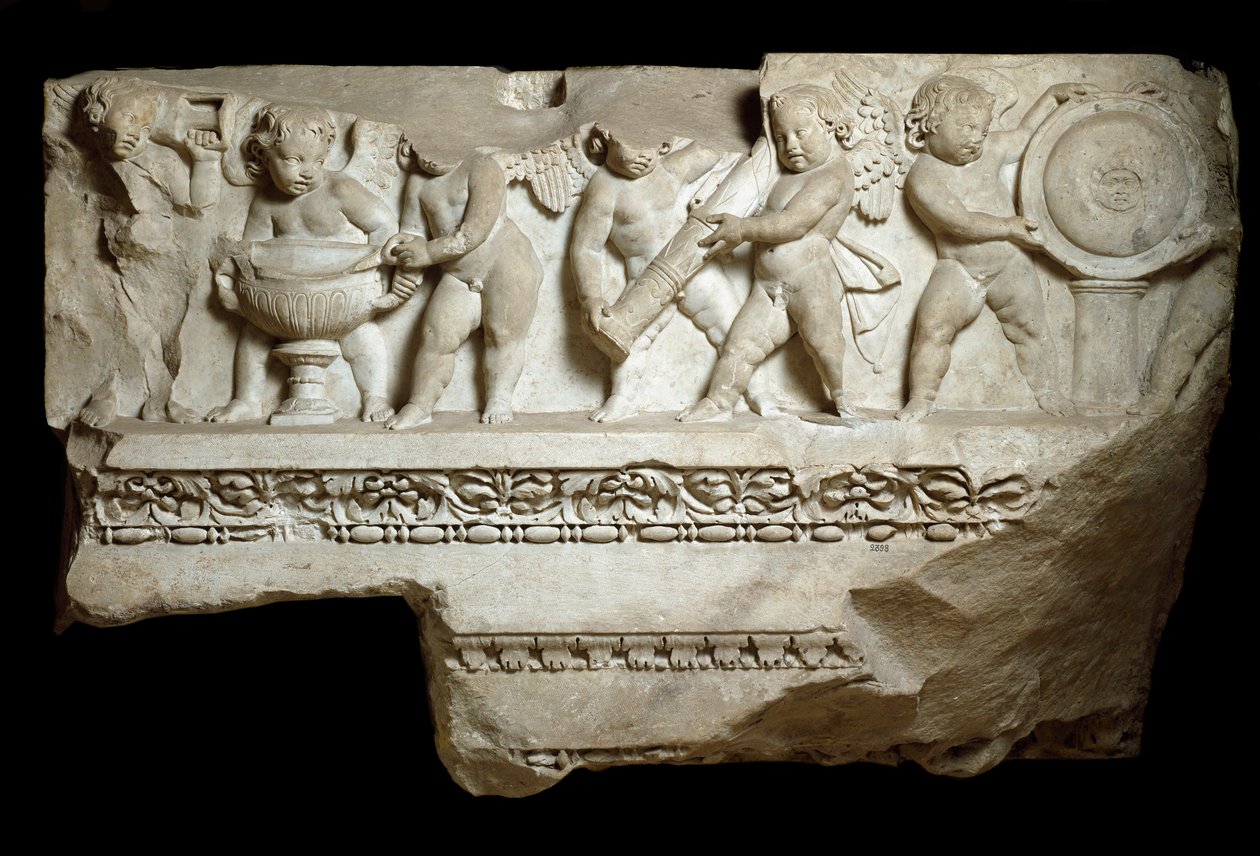 Elsker at bære armene fra guden Mars, 2. århundrede (marmorrelief) af Roman