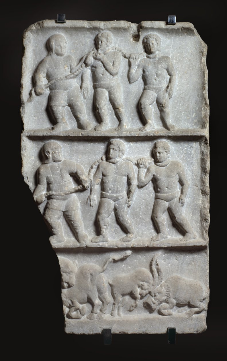 Marmorrelief med 3 registre: slaver i lænker og dyr, ca. 200 e.Kr. (marmor) af Roman