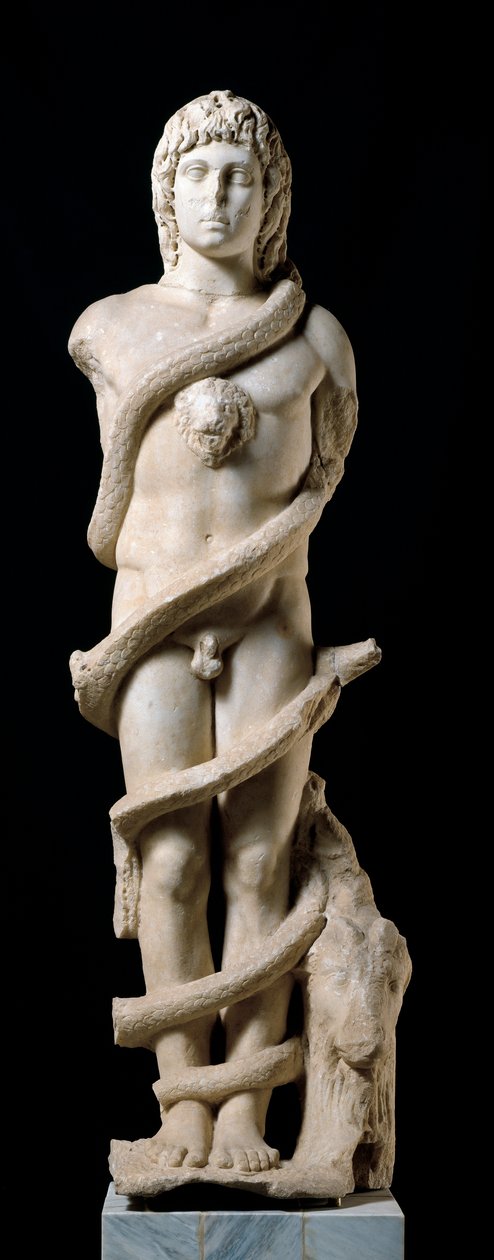 Mithraisk kult: repræsentation af den guddommelige Mithra med Chronos (cronos) den rullende slange, symbol på tid. Marmorskulptur fra det 2. århundrede e.Kr. Svag. 167 cm Merida, Museo Nacional de Arte Romano af Roman
