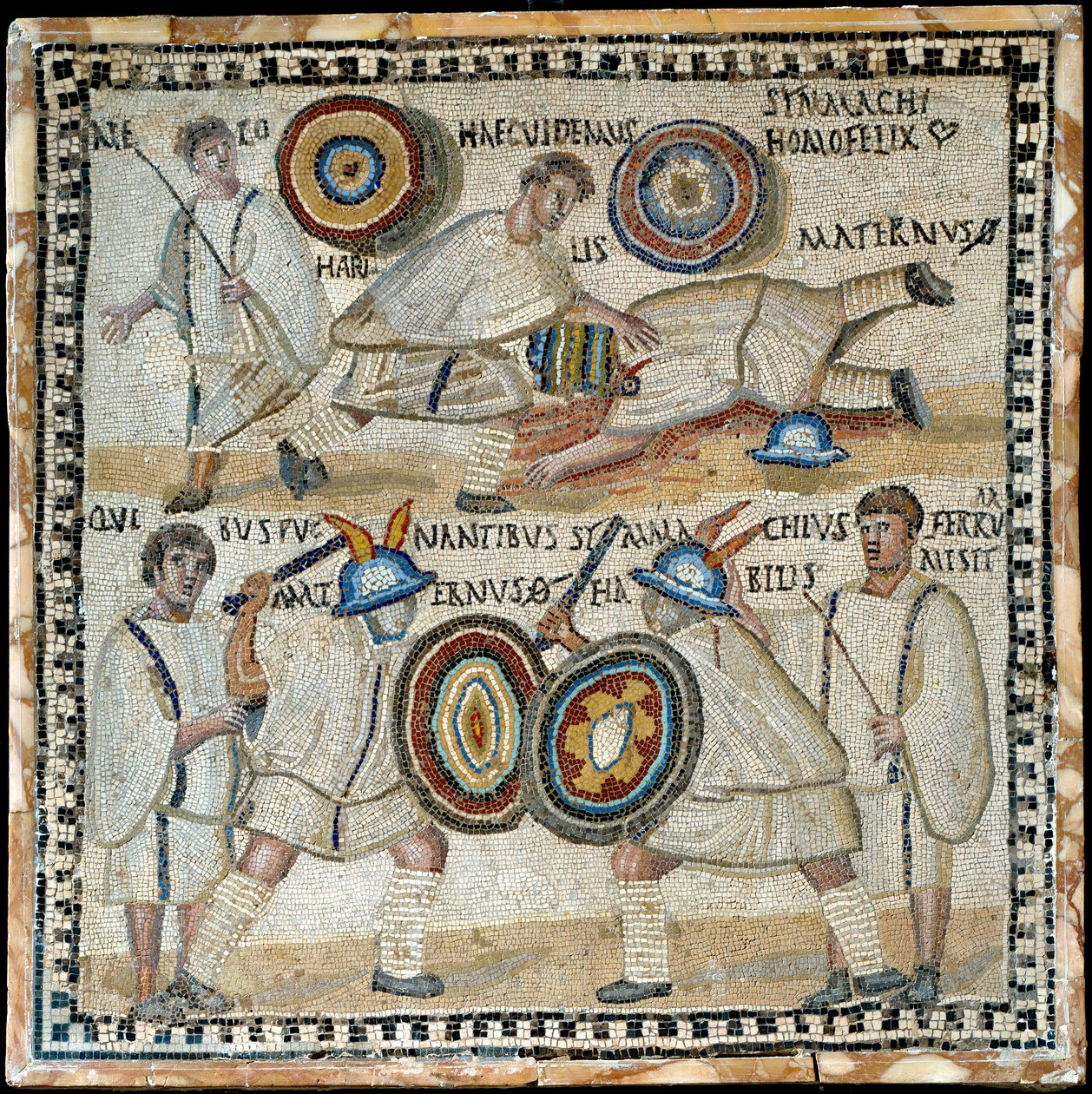 Mosaik, der skildrer kampen mellem to equites ved navn Simmachius og Maternus, romersk, 3. århundrede e.Kr. af Roman