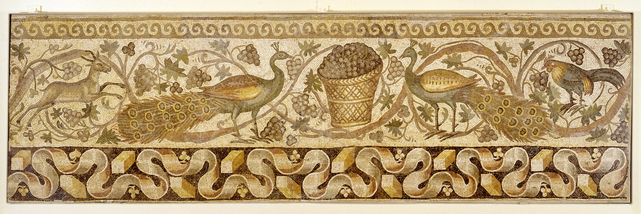 Mosaik af en vinstokkerullekant med påfugle, Antiokia, 526-540 af Roman