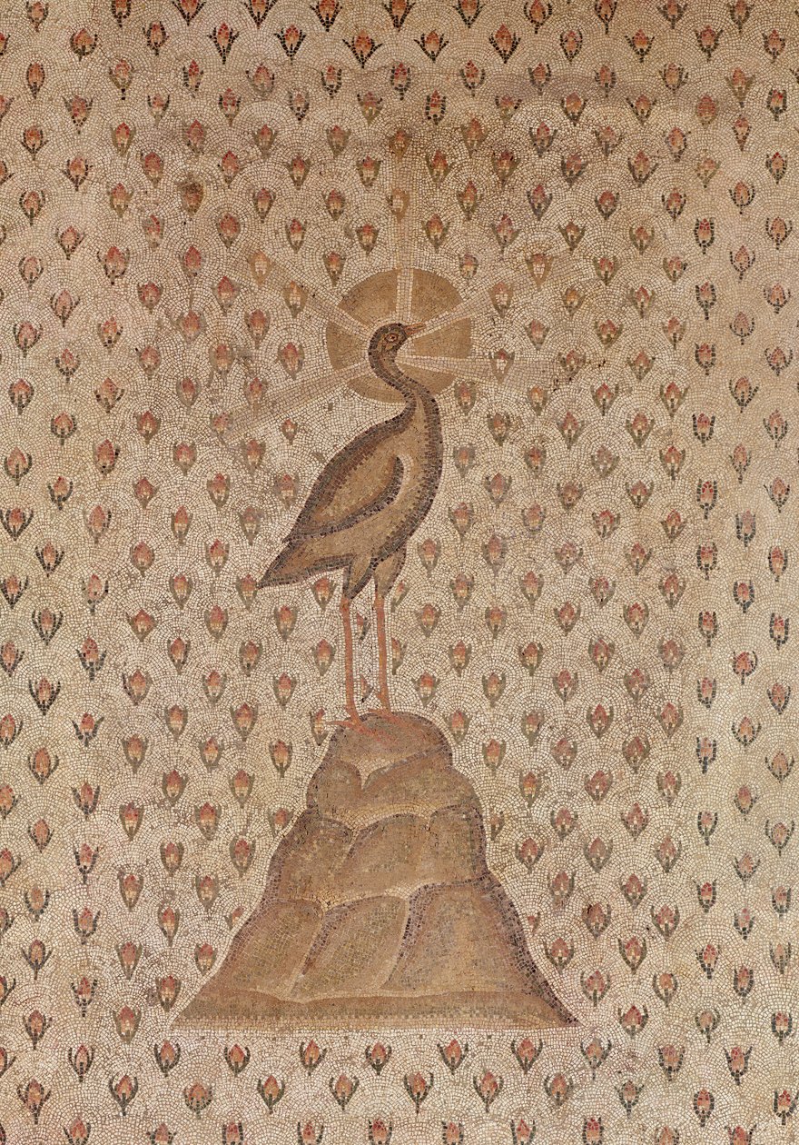 Mosaiksten, detalje af det centrale motiv med en Føniks på en seng af rosenknopper, fra gården til en villa i Daphne, Antiokia, romersk, slutningen af det 5. århundrede f.Kr. marmor- og kalkstensmosaik detalje af 1 af Roman