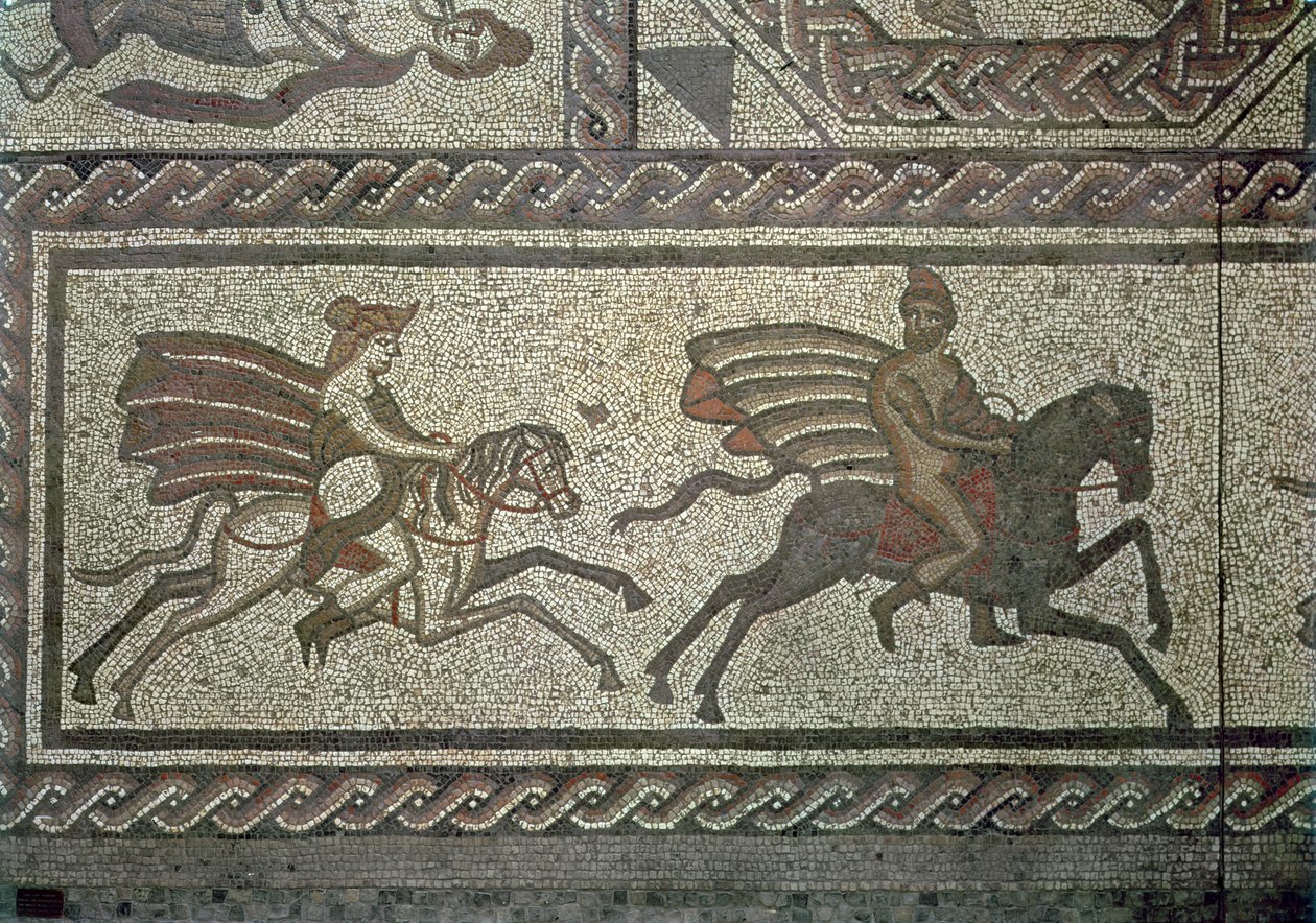 Mosaikbelægning fra den romerske villa ved Low Ham, der illustrerer historien om Dido og Aeneas fra Virgils Aeneid, ca. 350 e.Kr. mosaikdetalje fra 5959 af Roman