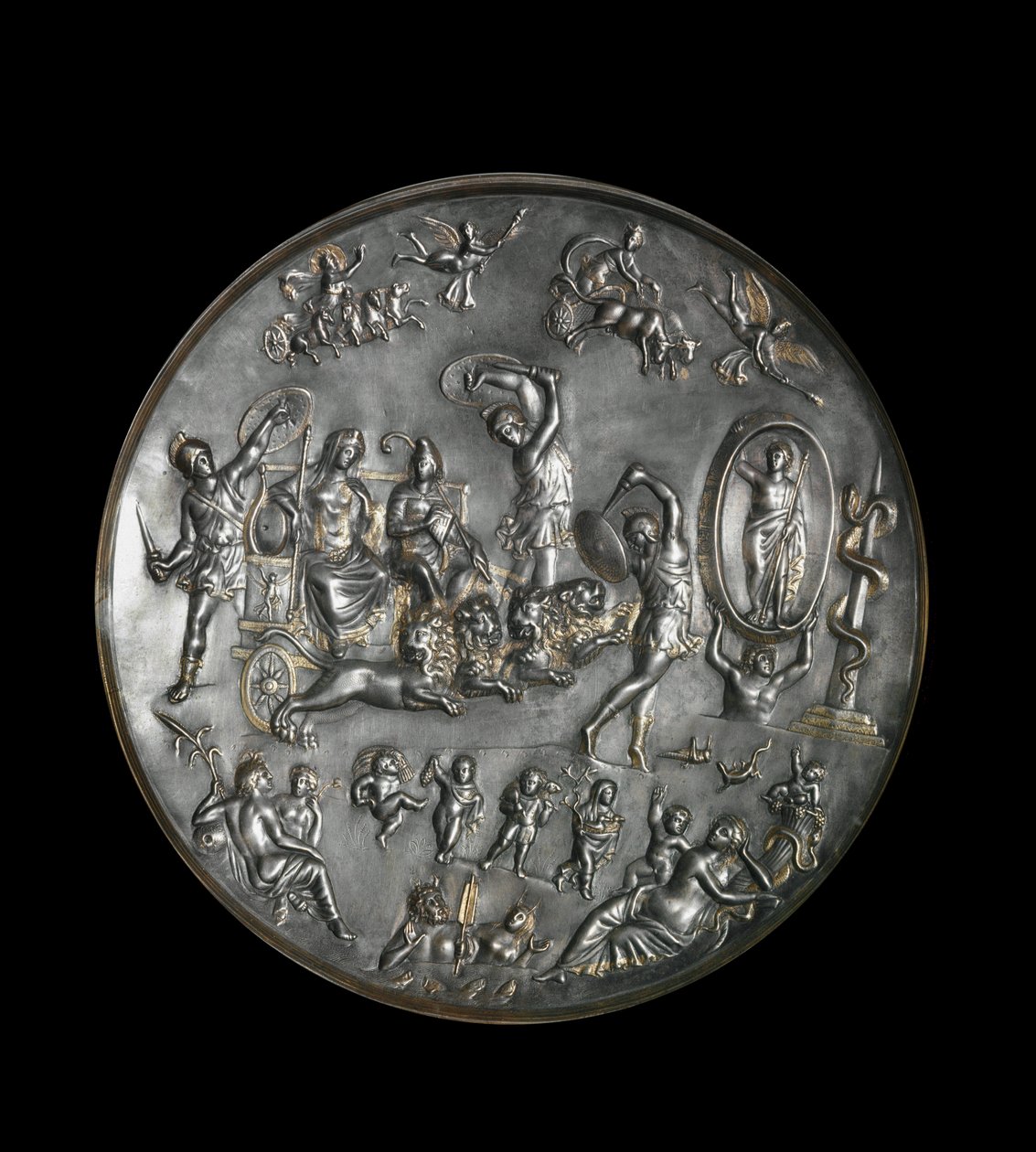 Patere de Parabiago, sølvritualskål, der skildrer Attis (eller Atys) og Cybeles triumf på en vogn affyret af løver, 4. århundrede. Sølv: Diameter: 40 cm. Musee Archelogique de Milano. - Patera af Parabiago, rituel sølvplade, der repræsenterer triumfen af Roman