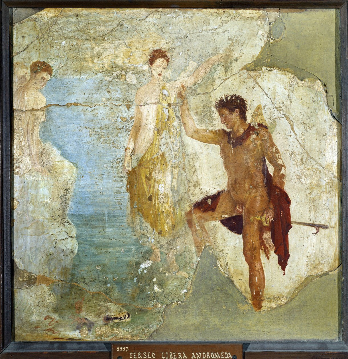 Perseus befrier Andromeda. Fresco 37,5x37,5cm. Fra de fem skeletters hus (Casa dei cinque Skeletri) i Pompeji. sd. Museo nazionale archeologico, Napoli (Napolis arkæologiske museum). © Raffael/Leemage af Roman
