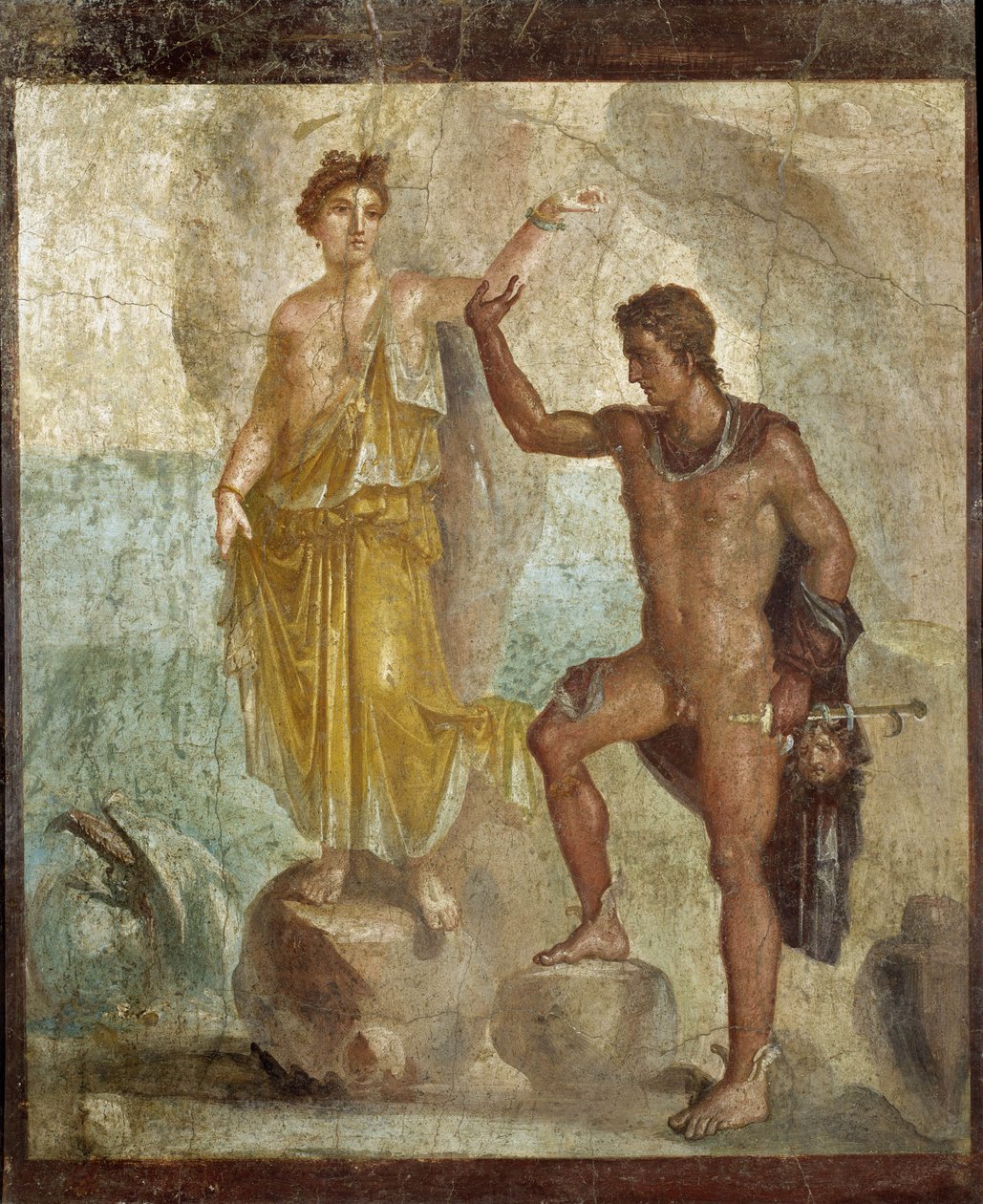 Se befriende Andromede. Fresque 98x120cm. Provenant de la Maison des Dioscures (Dioscuri-huset) i Pompeji. 300 ap JC. Nationalt arkæologisk museum, Napoli (Musee archeologique de Naples). © Raffael / Leemage af Roman