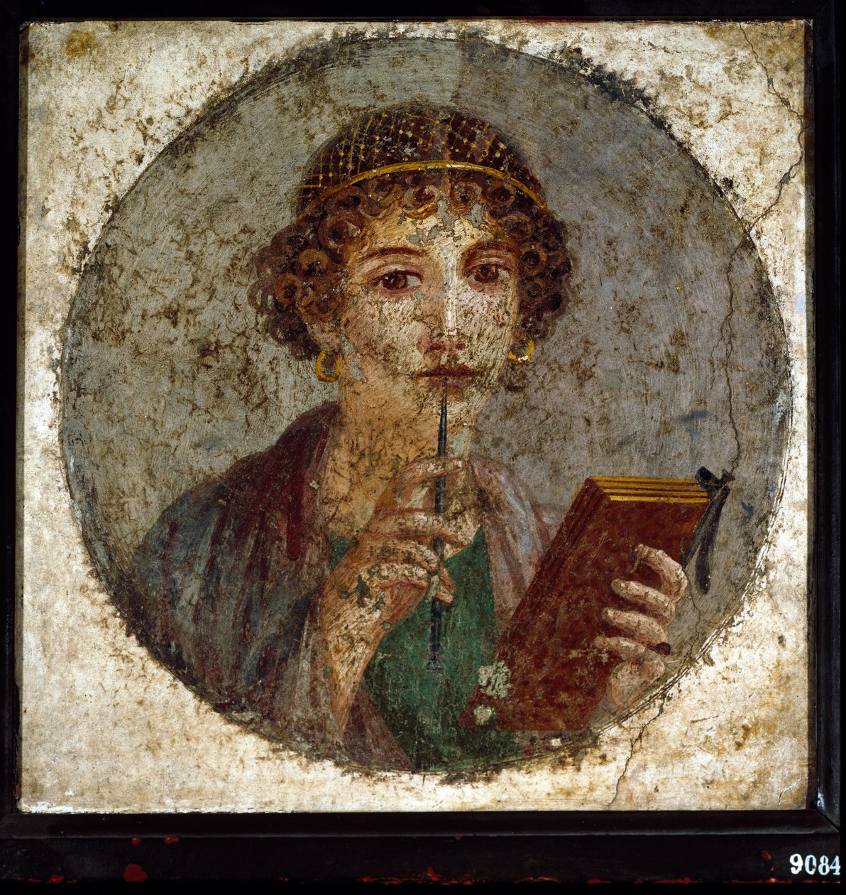 Portræt antager af Sapho (eller sappho) græsk digterinde. Romersk kvinde med bog og pen (stylus eller stil), fra Pompei, Napoli, Italien af Roman