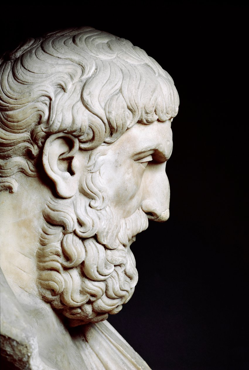 Portræt af Epikur (341-vers 270 f.Kr.), græsk filosof - Buste i marmor - Rom, Musei Capitolini - Buste af Epicurus (341-270 f.Kr.), profil - Marmorskulptur - Rom, Musei Capitolini af Roman