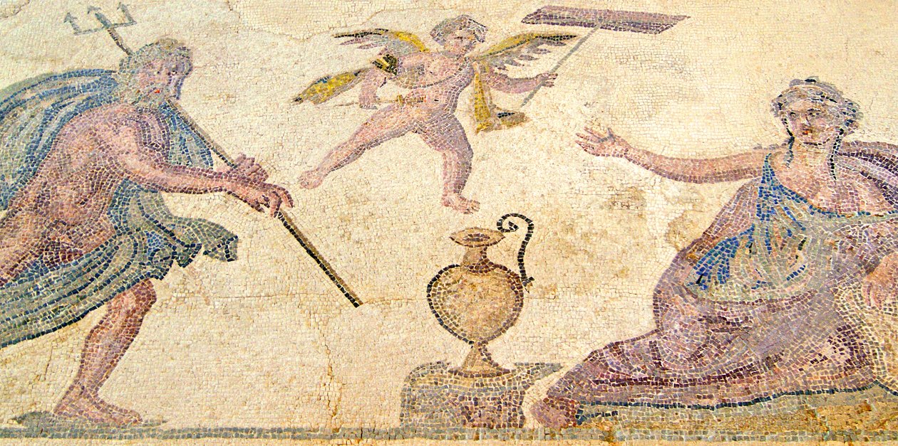 Poseidon og Amymone, House of Dionysos, Paphos, Cypern (mosaik) af Roman