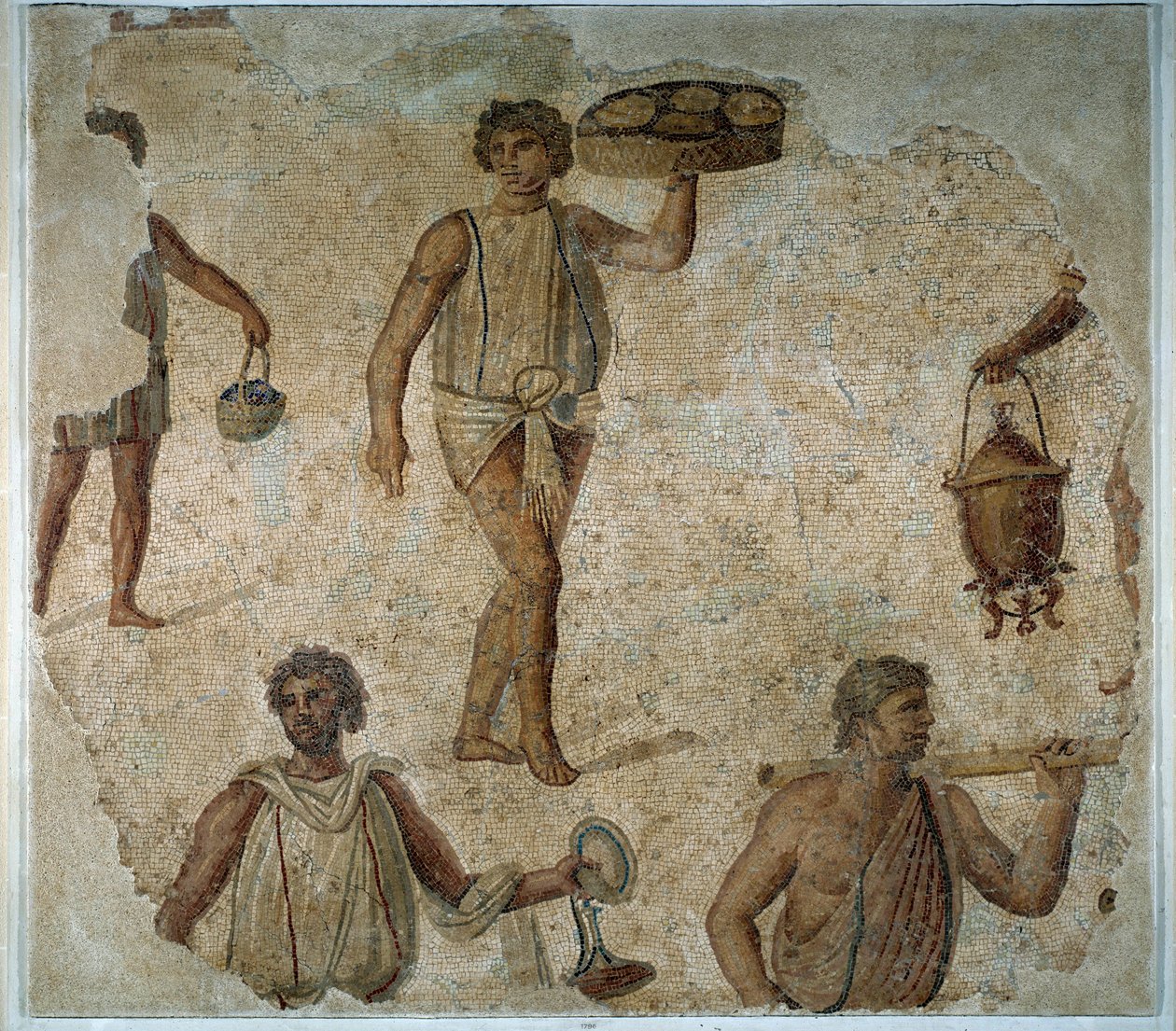 Forberedelser til en dyonisisk fest: slave, der serverer et mosaikmåltid fra Kartago. 2. århundrede ap. JC. Paris, Louvre-museet af Roman