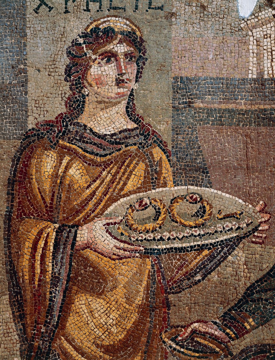Fangen Chresis giver nøgler af sin løsesum til sin fangefanger Agamemnon, detalje fra Mosaik af Chresis afsløret i Daphne, Antiokia, Tyrkiet af Roman