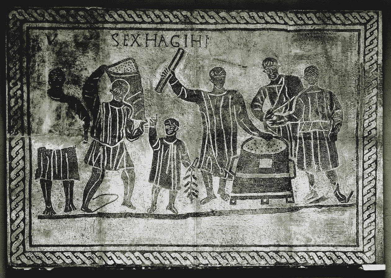 ROMERSK KUNST: Måling af korn (majs). Det korn, som Gaius Gracchus ..., 2. århundrede e.Kr (mosaik) af Roman