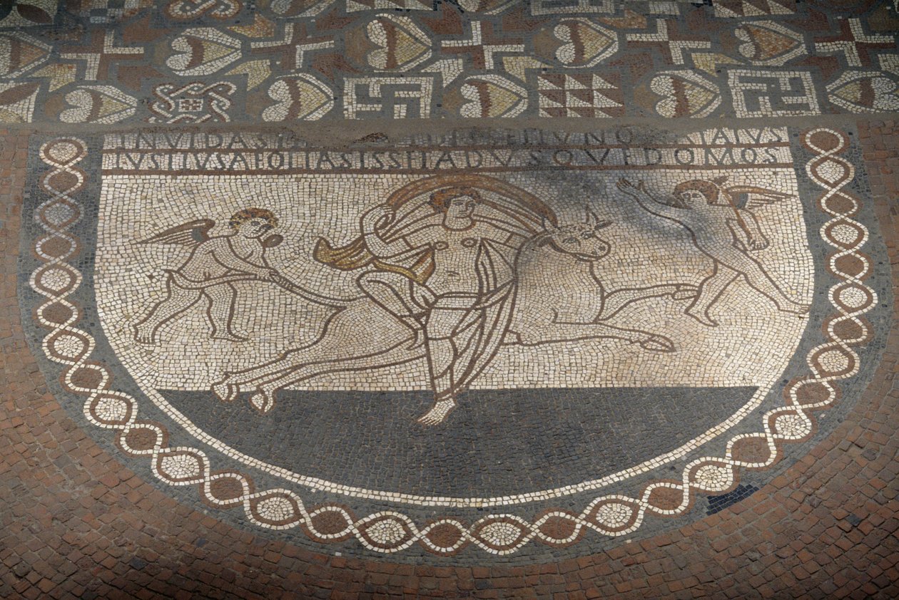Rape of Europa, gulvmosaik fra Lullingstone Roman Villa, ca 82 AD, Eynsford, Kent, England, Storbritannien, romersk civilisation af Roman
