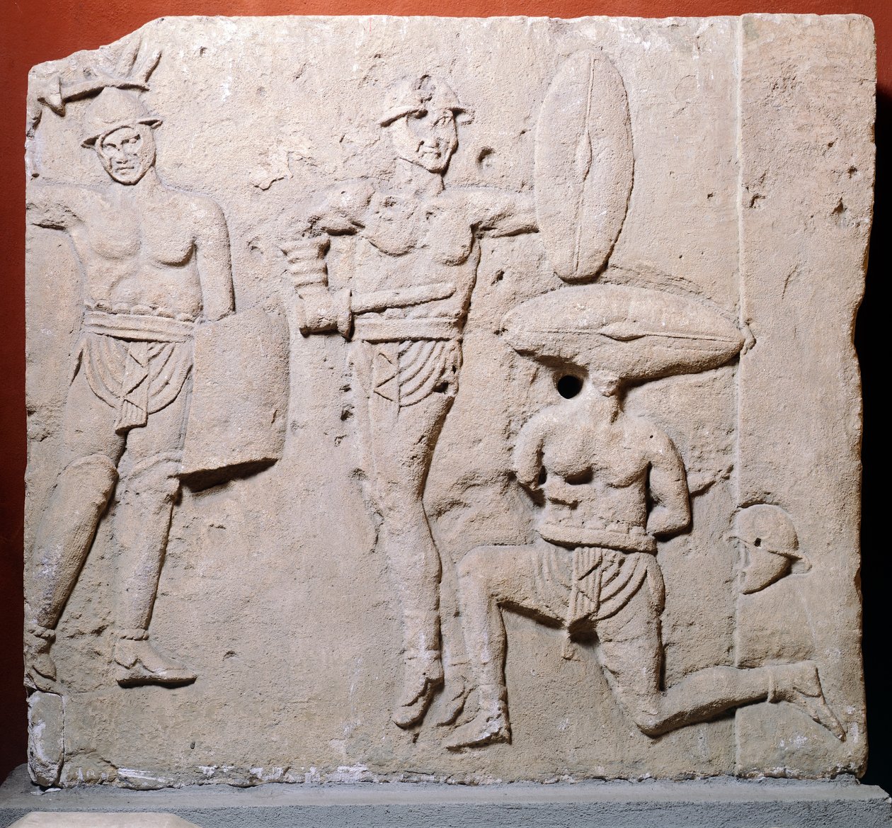 Relief, der viser gladiatorscene fra Due Madonne-området, Bologna, romersk civilisation af Roman