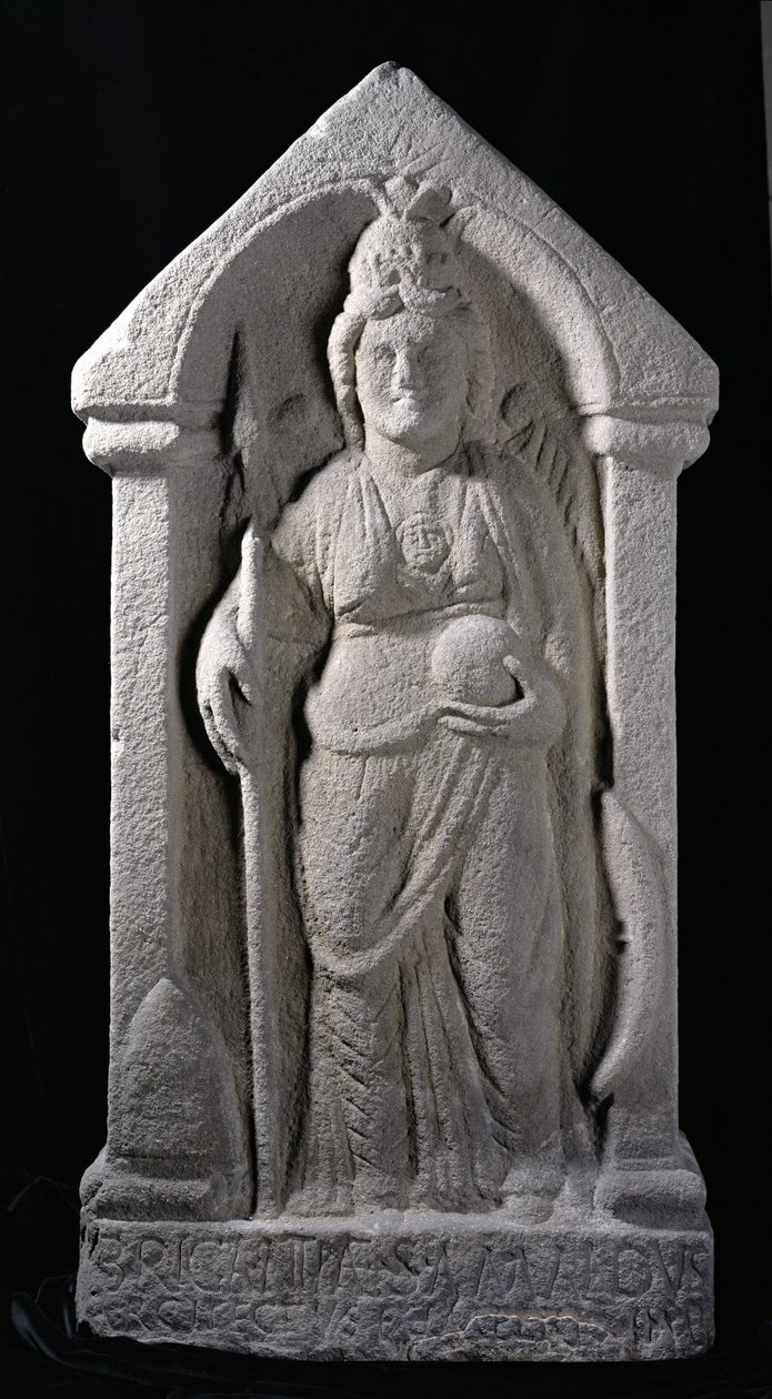 Reliefskulptur, der forestiller Brigantia, en nordbritisk indfødt gudinde, som en romersk gudinde, fra Birrens, Middlebie, Dumfriesshire (sten) af Roman