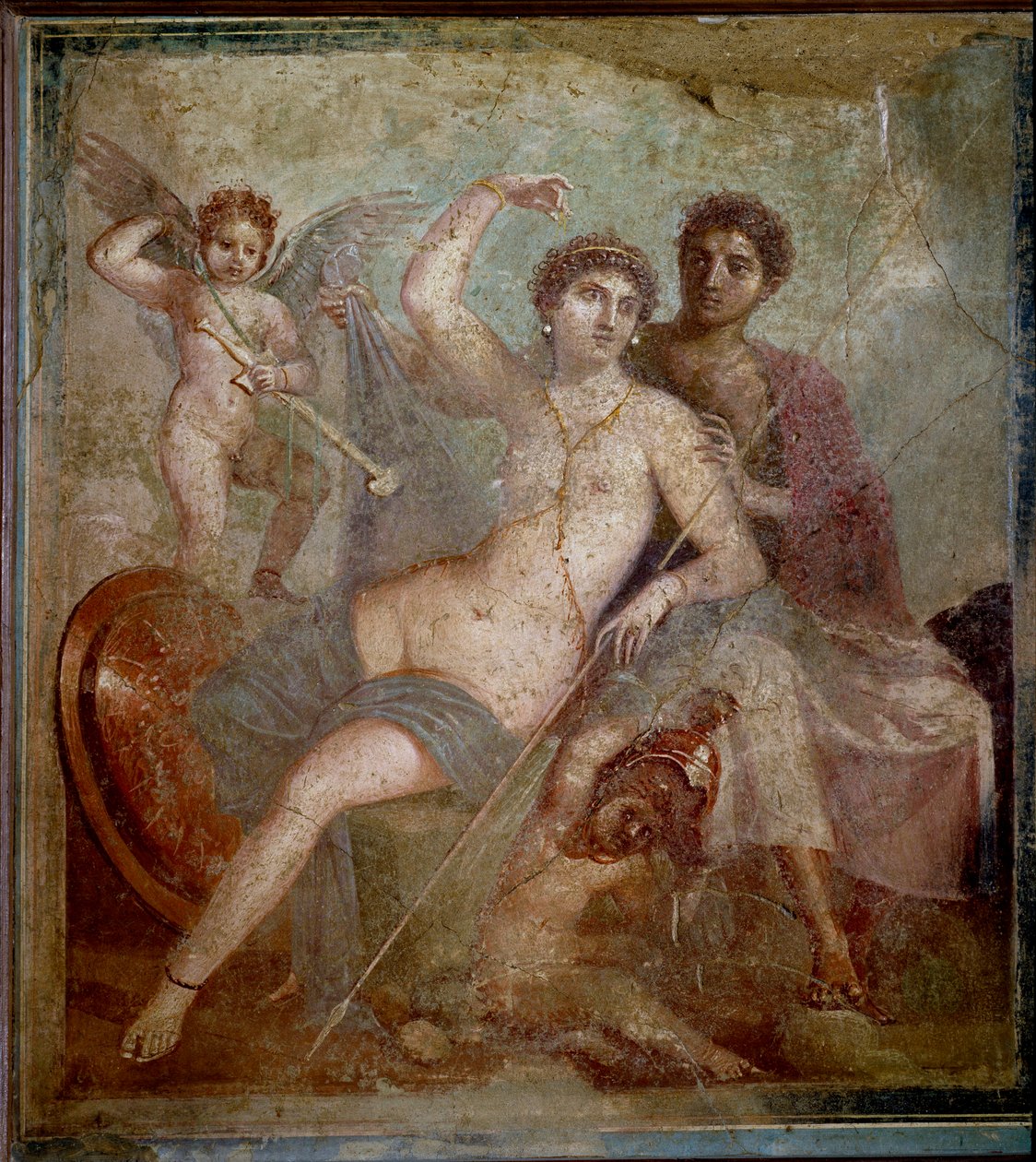 Repræsentation af Ares og Afrodite, ledsaget af elsker at lege med gudens våben. Fresko fra Villa de Mars og Venus i Pompei. 1. århundrede e.Kr. Arkæologisk museum i Napoli - romersk kunst: Ares, Afrodite og Eros. Afrodite (Venus) recl af Roman