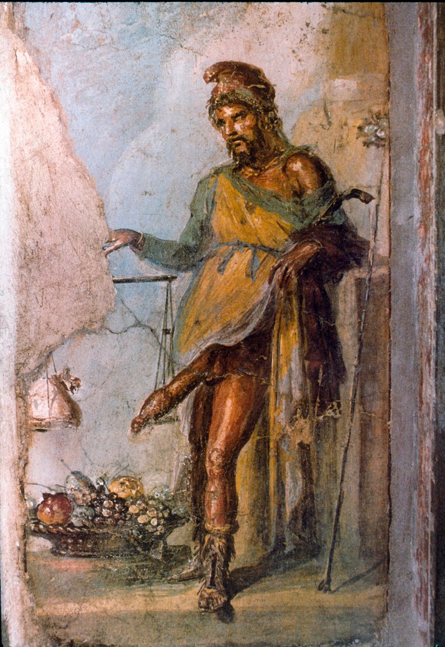 Repræsentation af den græske guddommelige Priape, frugtbarhedsguden, med en enorm penis konstant i erektion. Detalje af en Pompei fresco. Casa dei Vettii. 1. århundrede e.Kr. af Roman