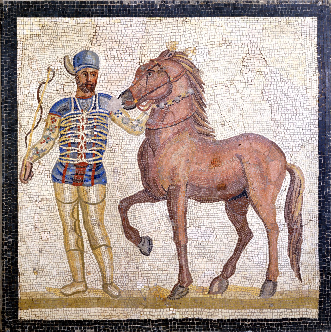 Repræsentation af de fire fraktioner af det romerske cirkus: blues (factio veneta). Fraktionerne var klubber involveret i cirkuskonkurrencer i det øvre imperium (1. århundrede e.Kr.) og karakteriseret ved en farve. Mosaik, Rom Museo nazionale Romano. af Roman