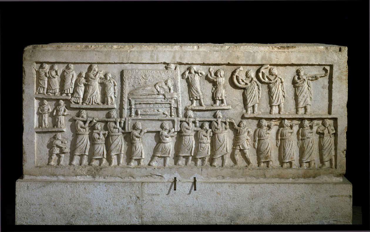 Romersk kunst (Sabiner): lavt relief af Amiternums sarkofag, der repræsenterer et begravelsesoptog. 1. århundrede. L