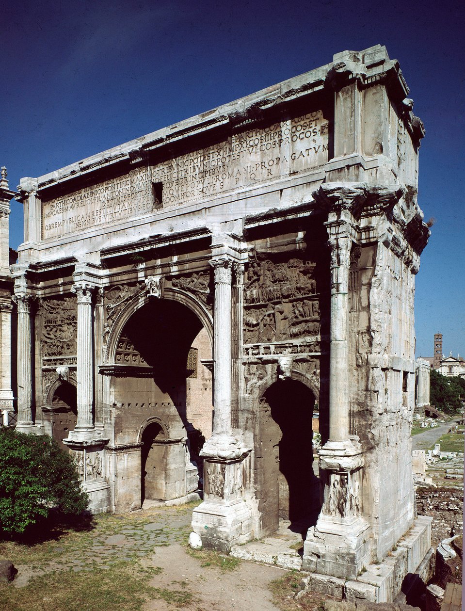 Romersk kunst: Triumfbuen for den romerske kejser Septime Severus (Lucius Septimius Severus) (146-211) realiseret i 203 e.Kr., Forum Romanum, Rom af Roman