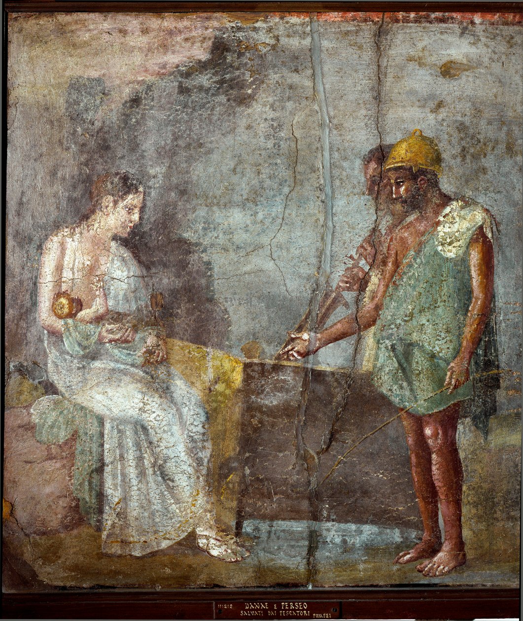 Romersk kunst: "" Danae og hans søn Persee er fundet af fiskere på stranden i Seriphe""" Fresco fra Pompei. 3. stil. Svag. 67x63 cm Museo Archeologico Nazionale, Napoli af Roman