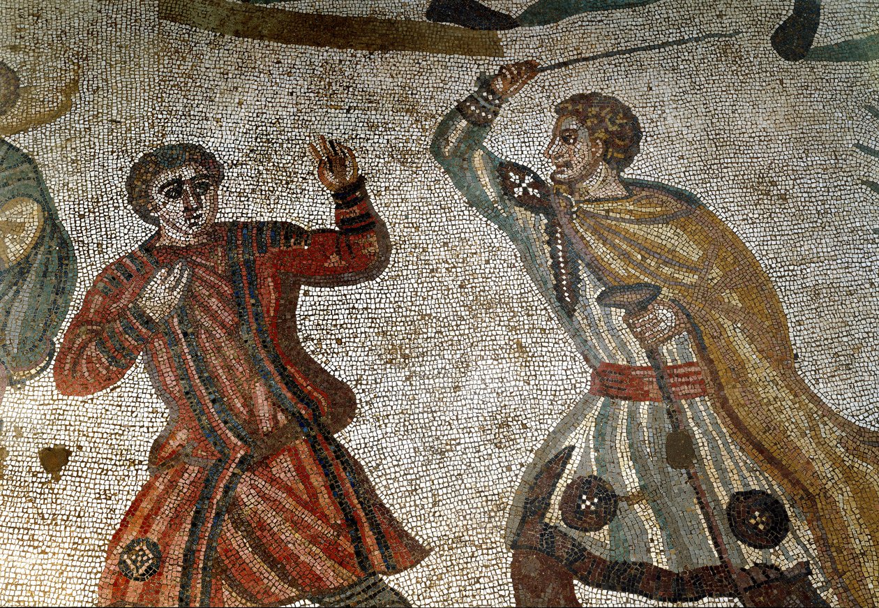 Romersk kunst: Detalje af mosaikken "" Den store jagt"" En romersk aristokrat straffer en af sine slaver med en pind. 315-350 e.Kr. Piazza Armerina, Villa Romana del Casale af Roman
