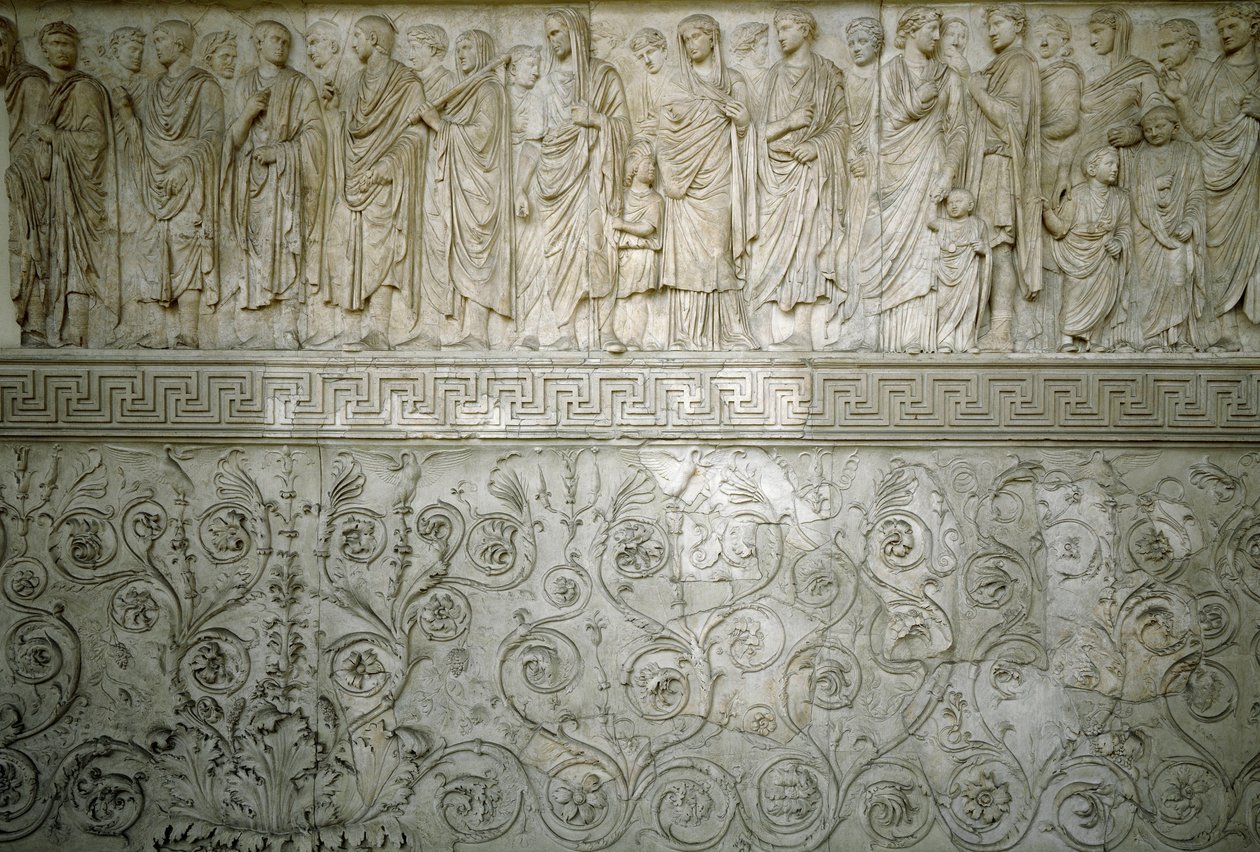 Romersk kunst: "" Kejserlig kortege af kejser Augustus""" Lavt nordrelief i marmor af Ara Pacis Augustae bygget mellem 13 og 9 f.Kr. på Champ de Mars (Mars-marken) i Rom for at mindes freden efter krigene i Rom. af Roman