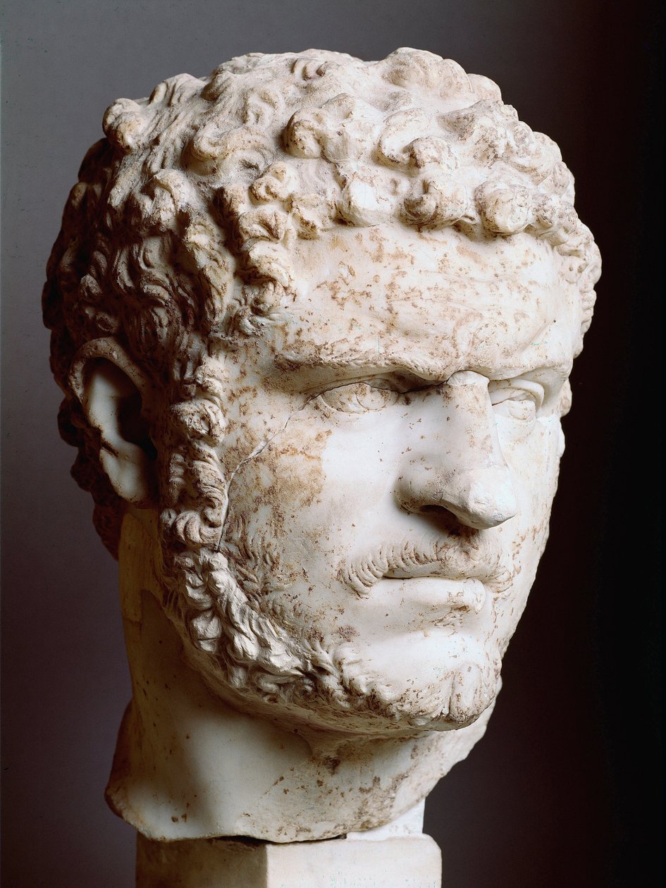 Romersk kunst: "" Marmorhoved af Caracalla (188-217), kejser fra 211 til 217 e.Kr., 211-217 e.Kr., Dim. 28 cm - Rom, Palazzo dei Conservatori, Italien - Head of Caracalla (188-217) - Marmorskulptur af Roman