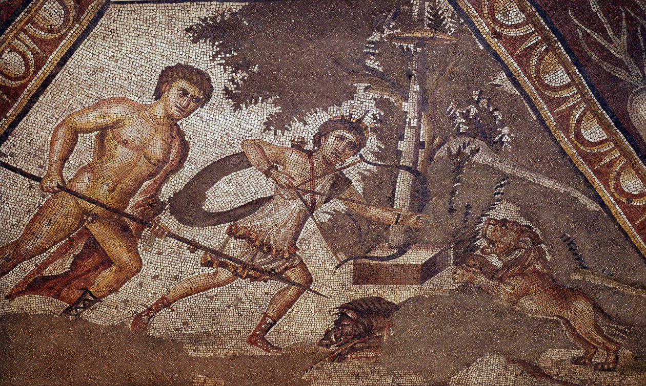 Romersk kunst: Mosaik af årstiderne fra gården til den konstantinske villa "" Daphne"" repræsenterende to jægere. Detalje. Fra Faubourg i Antioche-sur-l