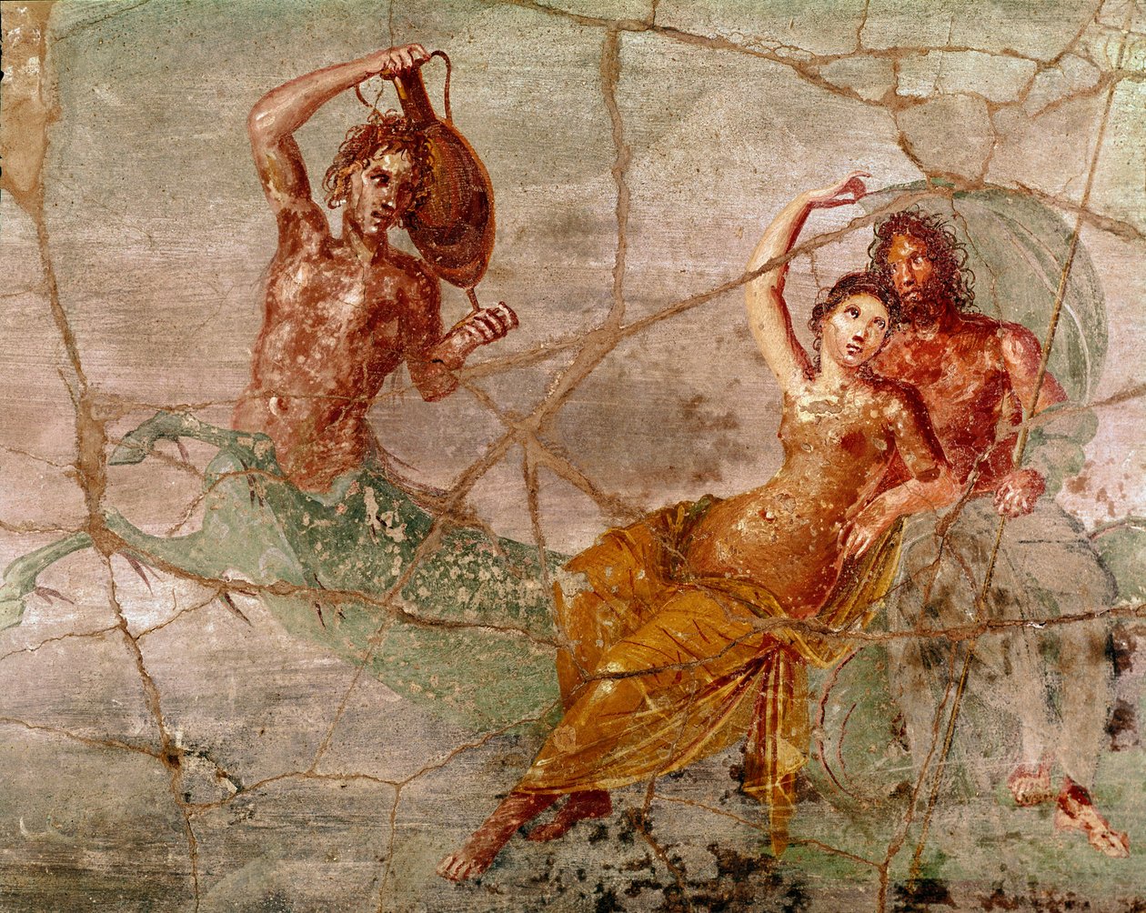 Romersk kunst: "" Neptun, Poseidon og Amphitrite"" Romersk fresko fra Pompeji, Italien (Neptune Poseidon amphitrite, fresko fra Pompeji) 60-80 e.Kr. af Roman