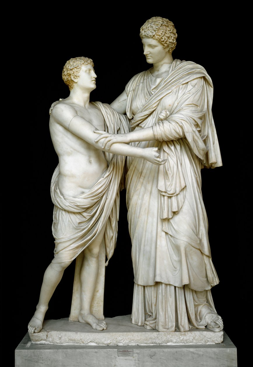 Romersk kunst: "" Oreste et Electre""" Marmorskulptur fra det 1. århundrede e.Kr. Fra Ludovisi-samlingen, Dim. 192 cm - Rom, Museo Nazionale Romano (o delle Terme) Italien - Orestes og Electra - Marmorskulptur (H. 210 cm), Romersk kejserperiode (27 f.Kr.-4 af Roman