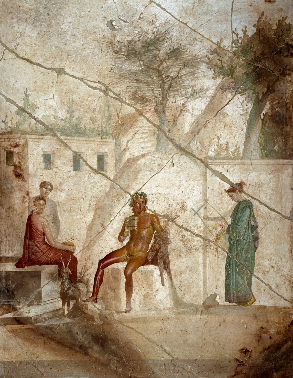Romersk kunst: "Panmusiker med nymfer" "Fresco tilskrevet mester Chiaro. 1. århundrede. Fra Pompeji. Napoli, det nationale arkæologiske museum af Roman