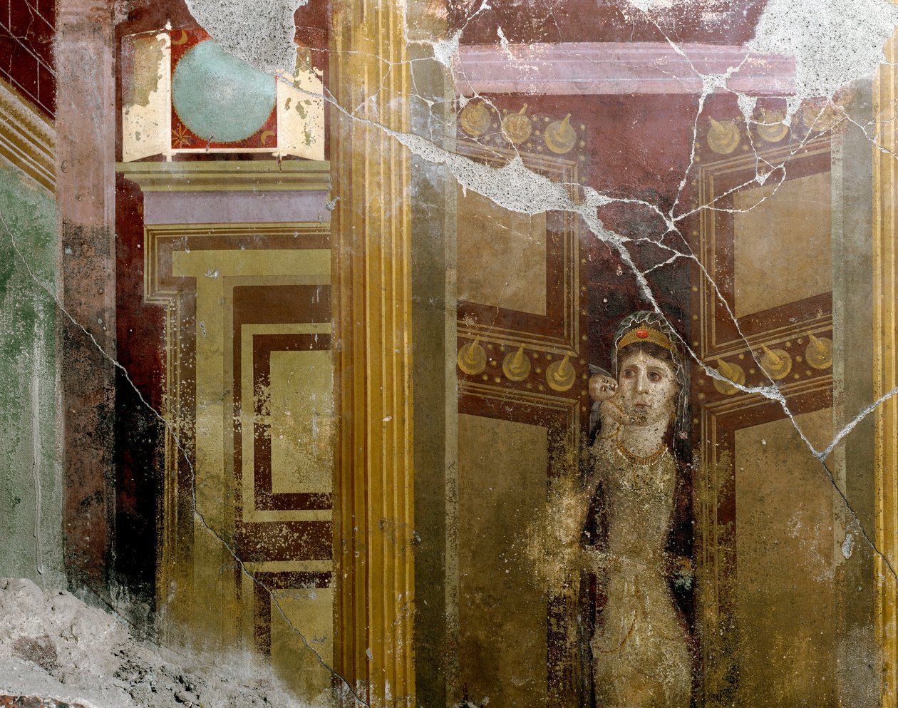 Romersk kunst: "" Portræt af en kvinde i indgangen til en dør"" Detalje af en fresko af villaen af Fabio Rufo (Marcus Fabius Rufus) 1. århundrede e.Kr. Pompei, Italien af Roman
