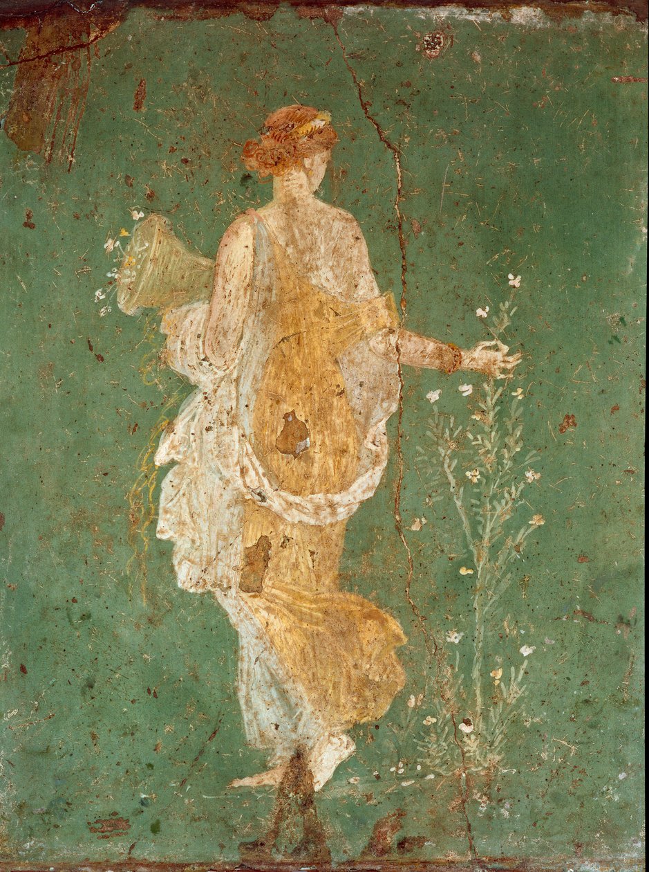 Romersk kunst: "" Spring "" Flora (Flora) plukker blomster. freskomaleri fra villaen Varano a Stabies (Stabiae), nær Pompei. 15 f.Kr.-60 e.Kr. Nationalt arkæologisk museum, Napoli - romersk kunst: Forår, flora plukker blomster. Fresko fra villaen Varano i  af Roman