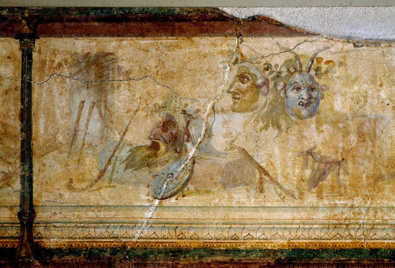 Romersk kunst: "" Stilleben med teatermasker "" Detalje. Fresko omkring 25-19 f.Kr. Dim. 23 cm Rom, National Roman Museum (eller Terme) af Roman